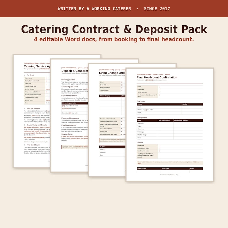 Catering contract template with deposit and cancellation policy, change order and headcount forms
