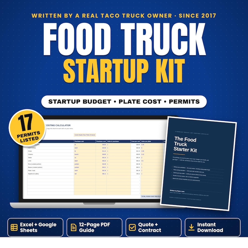 Food truck startup cost spreadsheet and guide in Excel and PDF