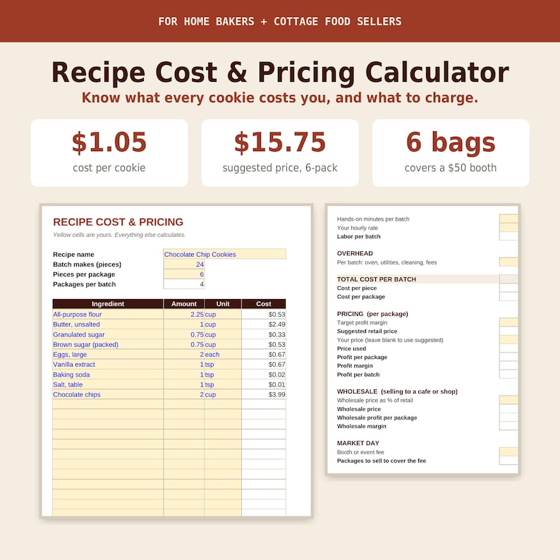 Recipe cost calculator and bakery pricing spreadsheet for Excel and Google Sheets