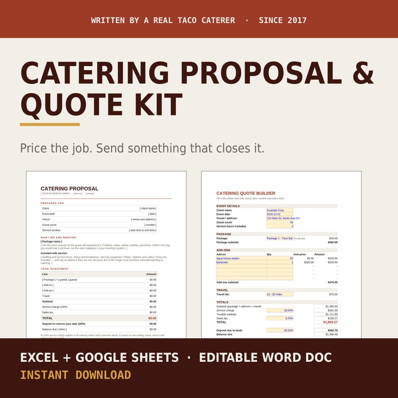 Catering proposal template in Word and catering quote calculator in Excel