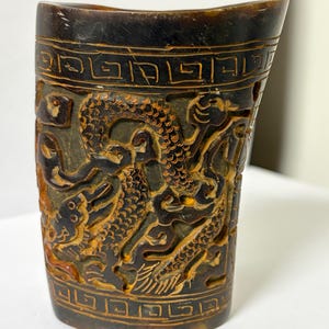 Raro portapennelli vintage cinese in corno di drago – Portapenne intagliato a mano