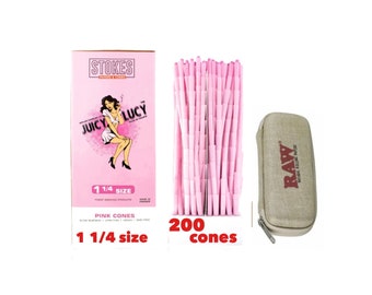 Juicy Lucy 1 1/4 size pre-rolled cone pink color 50/100/200 cones + raw cone wallet zipper case