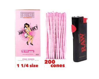 RAW Phoenix lighter + Juicy Lucy 1 1/4  size pre-rolled cone pink color (25pk, 50pk, 100pk, 200pk, 300pk, 500pk)