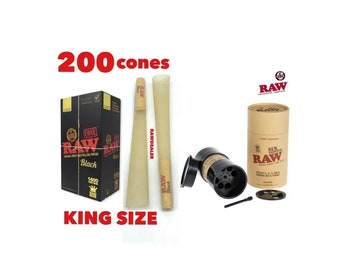 RAW King Size schwarze vorgerollte Kegel (25 Stück, 50 Stück, 100 Stück, 200 Stück, 300 Stück, 500 Stück) + RAW KING Size Six Shooter