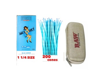 Juicy Lucy 1 1/4 size pre-rolled cone blue color 50/100/200 cones + raw cone wallet zipper case