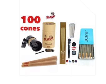 RAW Classic king Size pre-rolled Cone(100PK)+raw king size six shooter +tube+glass cone tip+cone case