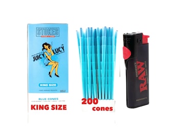 RAW Phoenix lighter + Juicy Lucy king size pre-rolled cone blue color (25pk, 50pk, 100pk, 200pk, 300pk, 500pk)