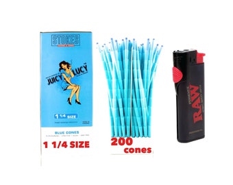 RAW Phoenix lighter + Juicy Lucy 1 1/4 size pre-rolled cone blue color (25pk, 50pk, 100pk, 200pk, 300pk, 500pk)