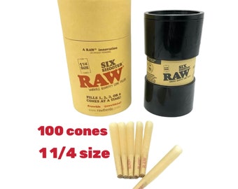 Raw classic 1 1/4 size pre-rolled cone with tip 50pk | 100pk | 200pk | 300pk + RAW 1 1/4 size six shooter