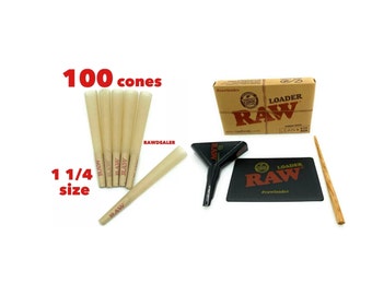 Raw classic 1 1/4 Größe vorgedrehter Cone mit Spitze 50pk | 100er | 200pk + rohes mageres & 11/4 Größe Coneloader Kit