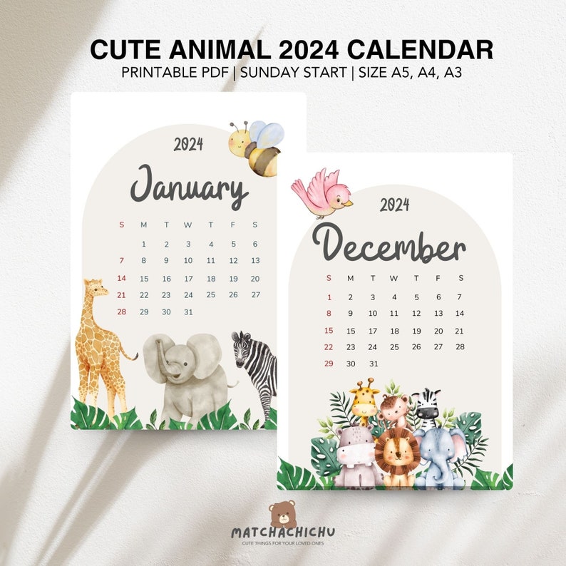 2024 Printable Calendar, Kids Visual Calendar, Cute Animal Calendar