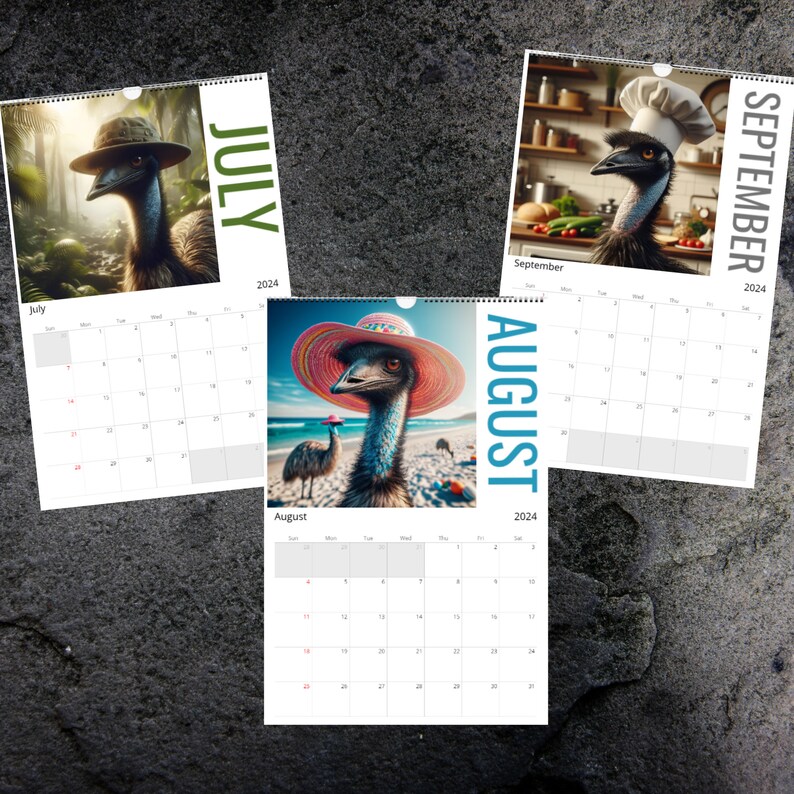 Emus in Hats 2024 Calendar Emu Calendar Emu Art Funny Emu Calendar Hat