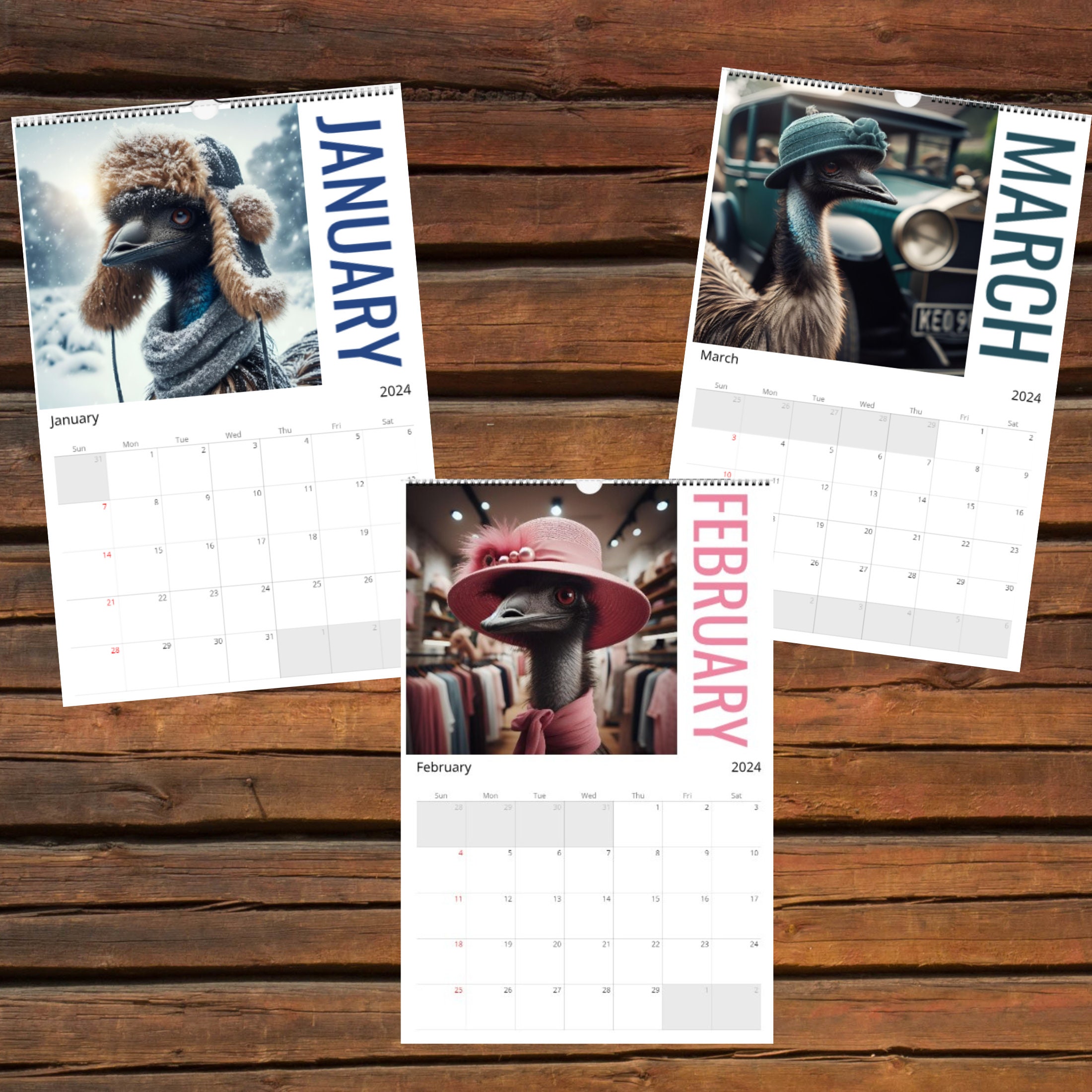Emus in Hats 2024 Calendar Emu Calendar Emu Art Funny Emu Calendar Hat
