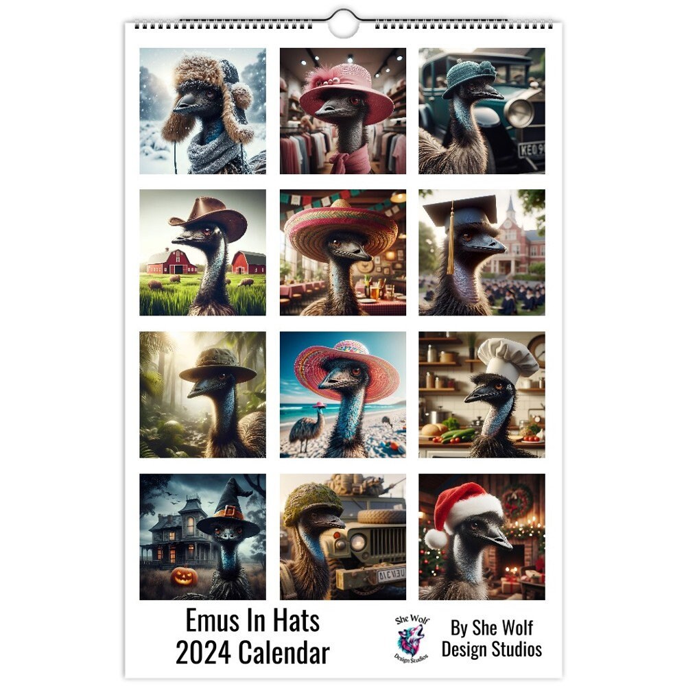 Emus in Hats 2024 Calendar Emu Calendar Emu Art Funny Emu Calendar Hat