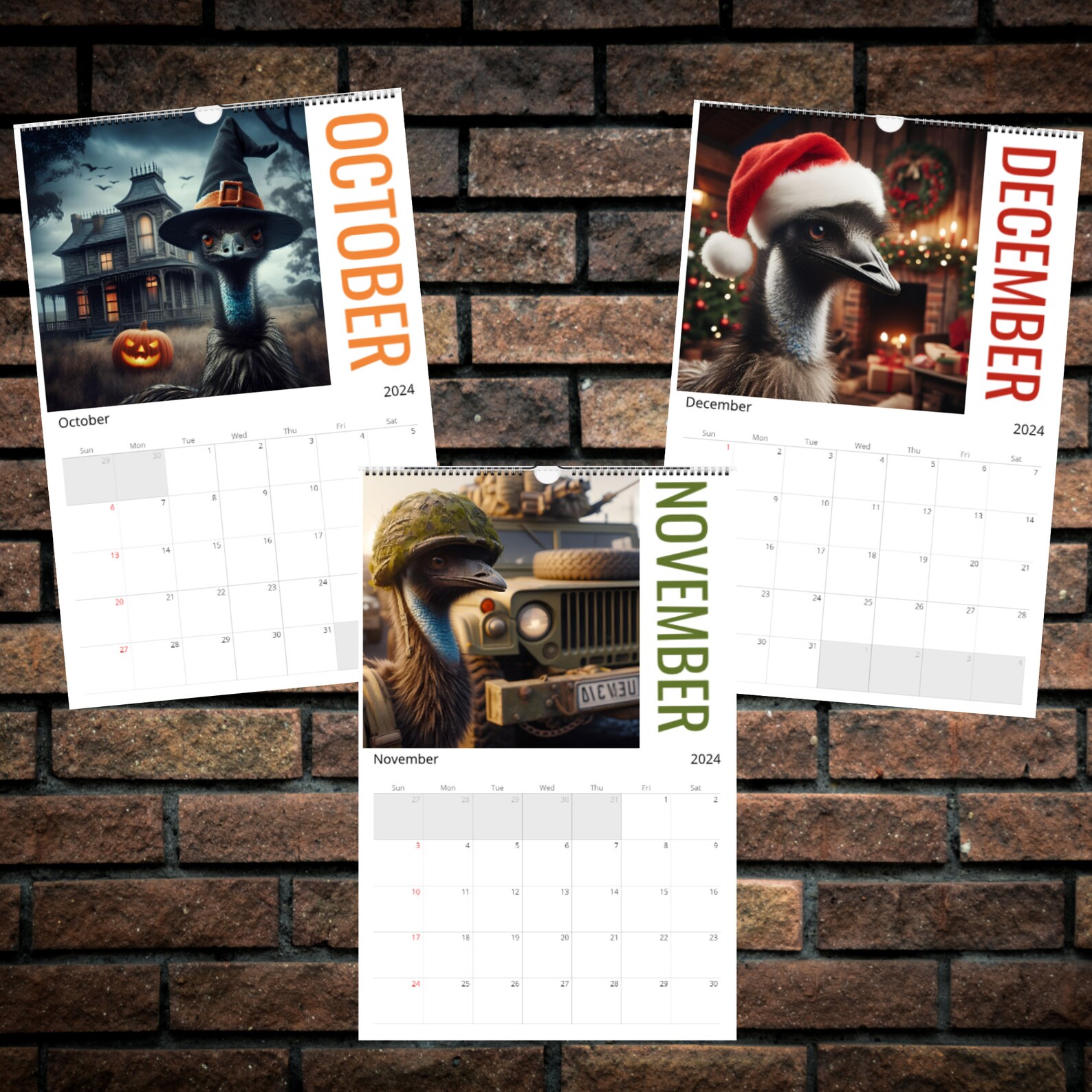 Emus in Hats 2024 Calendar Emu Calendar Emu Art Funny Emu Calendar Hat