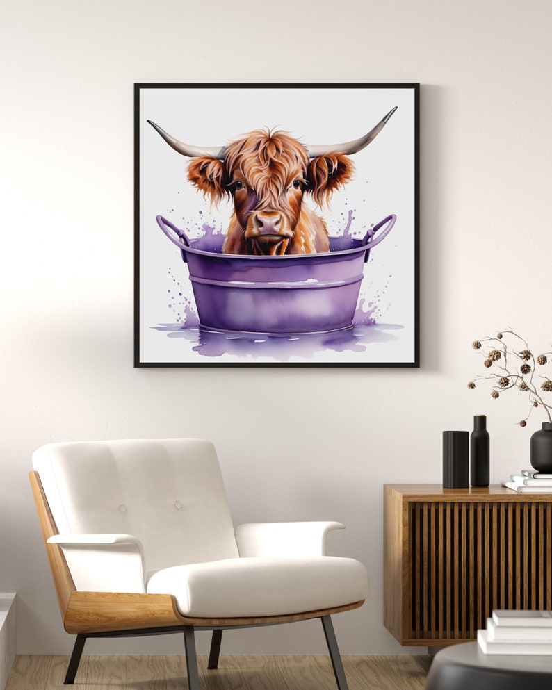 Set of 4 Highland Cow in a Bathtub Wall Art, Digital Print, Nursery