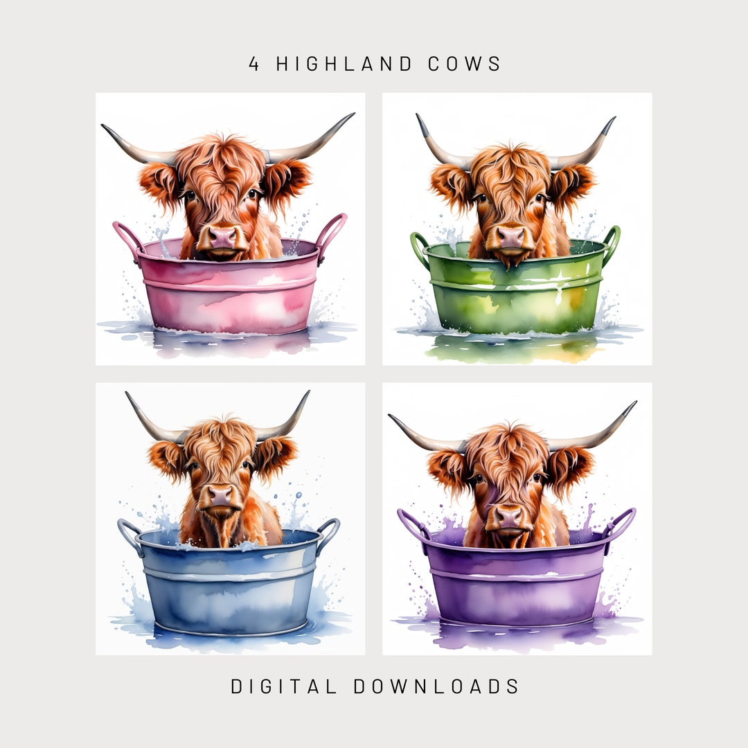 Set of 4 Highland Cow in a Bathtub Wall Art, Digital Print, Nursery