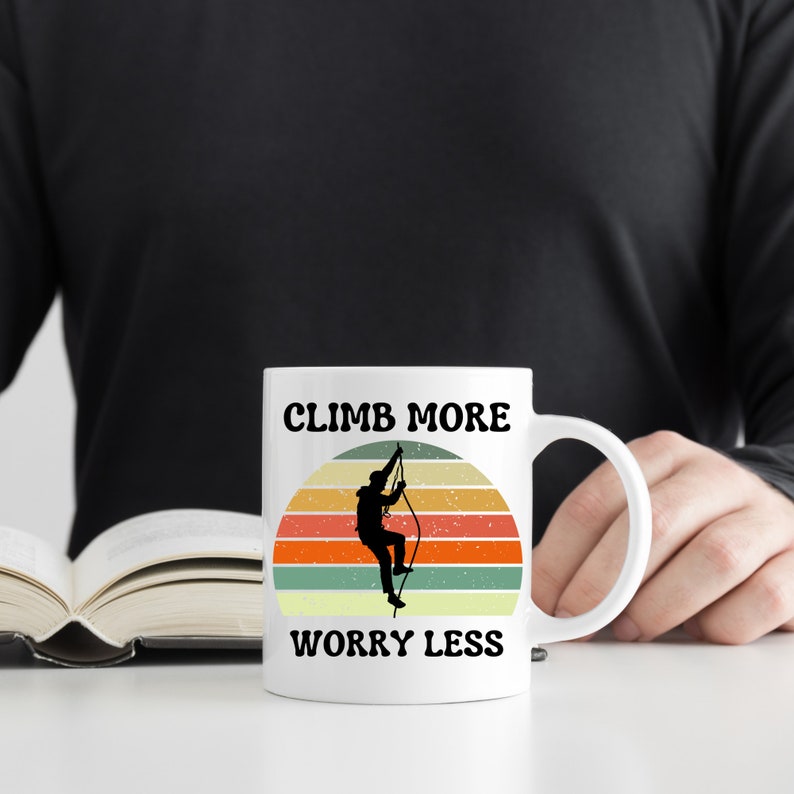 climb more worry less, Rock Climbing Mug, Climber Mug,  Retro Mug, Outdoors Mug,  Mountain Climbing Mug, mountaineering, mountain climber, rock climbing, rock climber, climber gift, rock climber gift, bouldering, rock climber gift, climber coffee cup