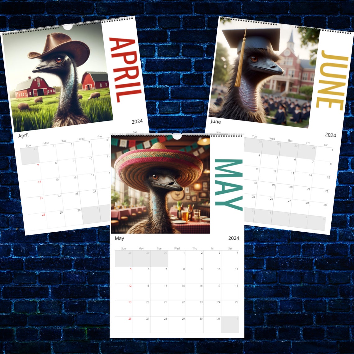 Emus in Hats 2025 Calendar Emu Calendar Emu Art Funny Emu Calendar Hat