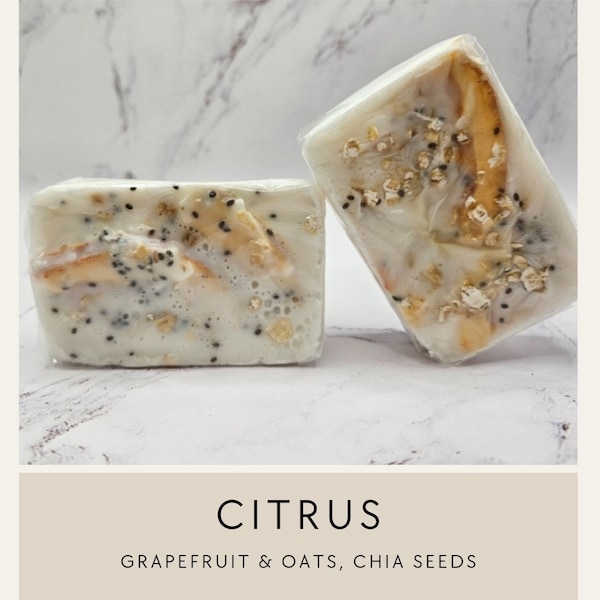 Homemade soap bars, Exfoliating organic grapefruit & (GF) oats with chia seeds, non toxic homeopathic homemade soaps for all skin types.