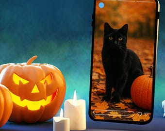 Black Cat Phone Wallpaper Fall Aesthetic, Halloween Pumpkin Background, Cozy Autumn Digital Download, Witchy Cute iPhone Android Wallpaper