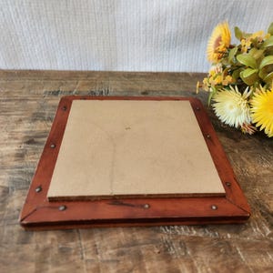 Vintage Trivet Handmade Wood Framed With Brass Nails and Beige Tile 7.5"