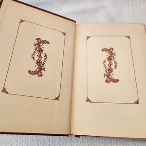 Peut inclure: Un livre &agrave; couverture rigide ouvert avec des pages de garde couleur cr&egrave;me. Chaque page pr&eacute;sente une fine bordure rectangulaire marron avec des accents d&eacute;coratifs aux coins et un motif central vertical en filigrane marron.