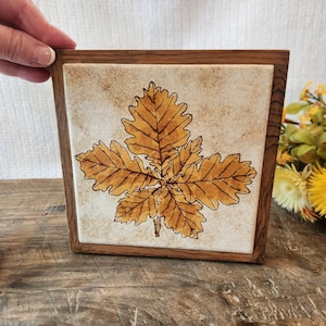 Vintage Trivet Santerno Imola Italian Ceramic Tile Wood Frame Oak Leaf Design 7"