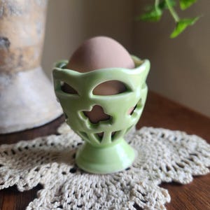 Ceramic Egg Cup Holder With Egg Mint Green Flower Cut Out Design Spring Decor