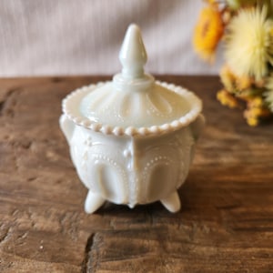 May include: A small, off-white, lidded trinket dish with a decorative, beaded rim and a pointed finial. The dish has a detailed, embossed pattern and rests on three small feet. The background features a wooden surface and blurred floral accents.