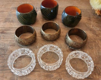 Anillos para servilletas vintage estilo boho, para combinar (3 de latón, 3 de madera, 3 de acrílico transparente).