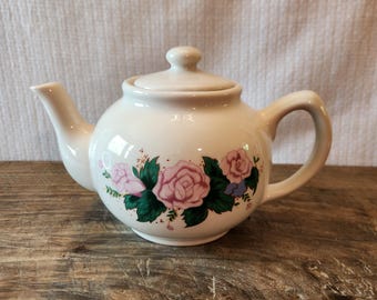 Vintage Teapot Ceramic White With Pink Roses 6"