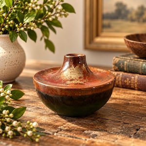 May include: A ceramic vase with a wide, rounded base and a narrow neck. The glaze features a gradient of deep green at the bottom, transitioning into a rich, mottled red and metallic gold finish on the upper shoulder and neck area.