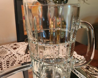 Heavy Cut Glass Beverage Pitcher Etched Symmetrical Rectangular Pattern 9"