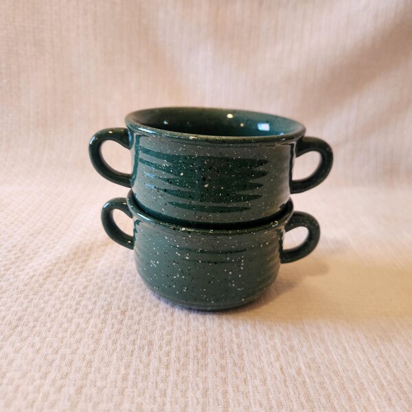 Vintage Green Speckled Soup Bowl Set of 2 Stoneware Double Handled Bowl 4" Dia