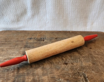 Vintage Primitive Wooden Rolling Pin Red Wood Handles Farmhouse Kitchen MCM