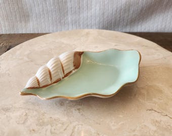 Vintage Seashell Soap Dish Scalloped Edge Teal Blue Glaze Trinket Dish 6"