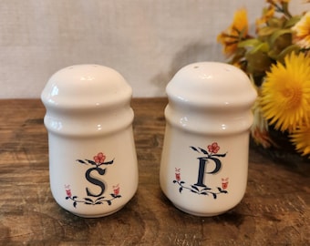 Vintage Salt & Pepper White Ceramic Blue Lettering Pink Flowers 4"