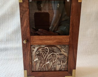 Wooden Key Cabinet Elephant Carving Glass Panel Brass Details Key Holder