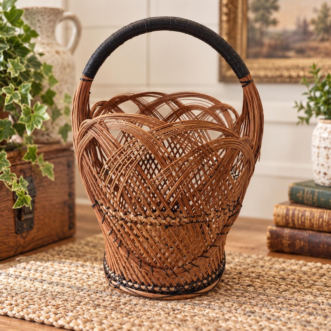 * vintage basket ❀ 両側 持ち手の * バスケット Vintage Wicker Basket With Handle - Etsy