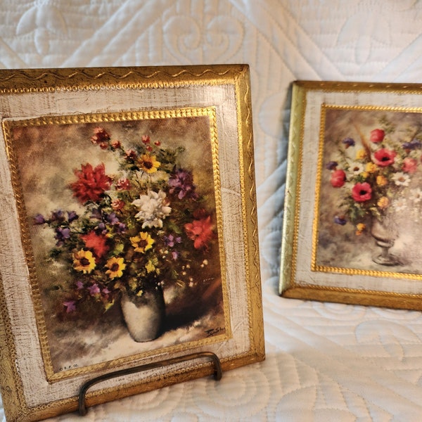 Vintage Pair of Floral Florentine Plaque Gold Gilded on Wood Made in Italy