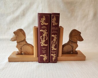 Vintage Dog Bookends Wood Hand Carved Bookends 6"
