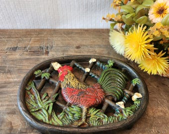 Cast Iron Rooster Trivet Hand Painted Oval Hot Plate 6" x 8"
