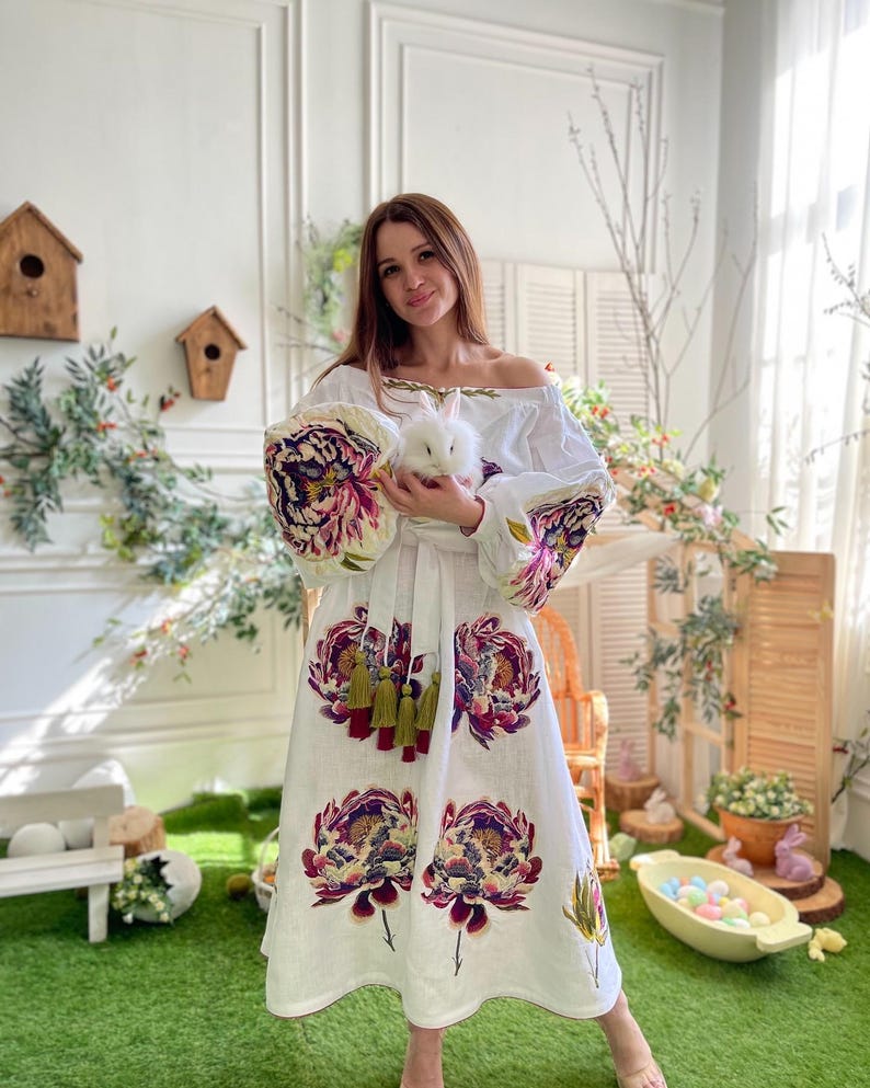Ukrainian Embroidered Dress White, Floral Vyshyvanka Linen Dress, Boho ...