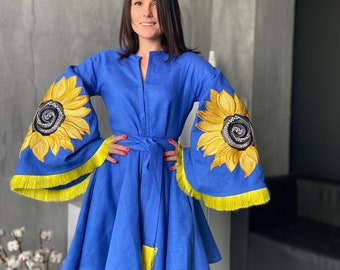 Blue Linen Embroidered Dress with Sunflowers | Ukrainian Vyshyvanka Dress , Folk Linen Dress with fringe