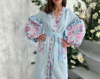 Light Blue Embroidered Linen Dress | Ukrainian Vyshyvanka Dress | Boho Folk Dress with Puff Sleeves | Linen Midi Dress