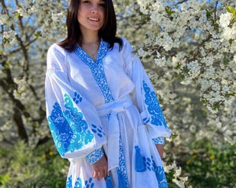 Embroidered Linen Dress for Women - White Vyshyvanka Midi Dress with Blue Ukrainian Embroidery, Boho Folk Dress, Summer Linen Kaftan