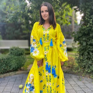 Vestido bordado ucraniano Vyshyvanka para mujer, vestidos vintage Flover, vestido de lino bohemio, vestido maxi azul bordado para mujer, regalo