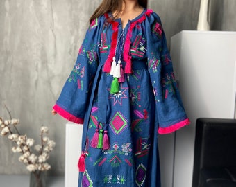 Linen Embroidered Dress, Ukrainian Vyshyvanka, Boho Ethno Style