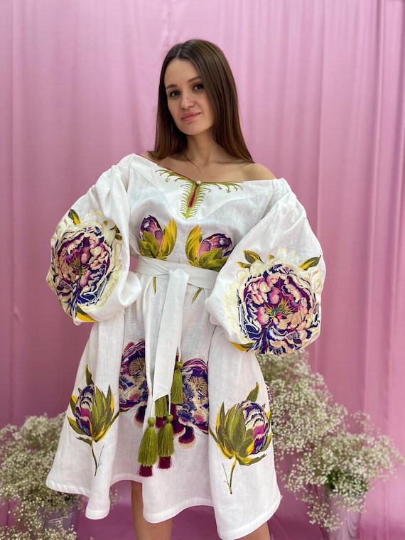 Ukrainian Embroidered Linen Dress with Peony Flowers - White Boho Vyshyvanka Dress for Women Also Available in Red